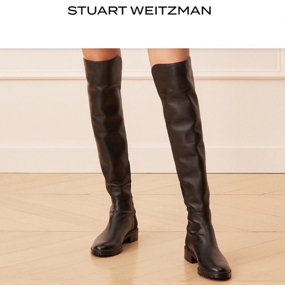 Stuart Weitzman CITY 5050 Black Leather Knee High Stretch Slip On Boot Stretch 8 - Picture 1 of 11